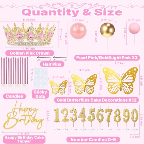 SUTROMA Crown Cake Topper Set – Golden Pink Tiara, Candles & Butterfly Decorations for Birthday or Wedding