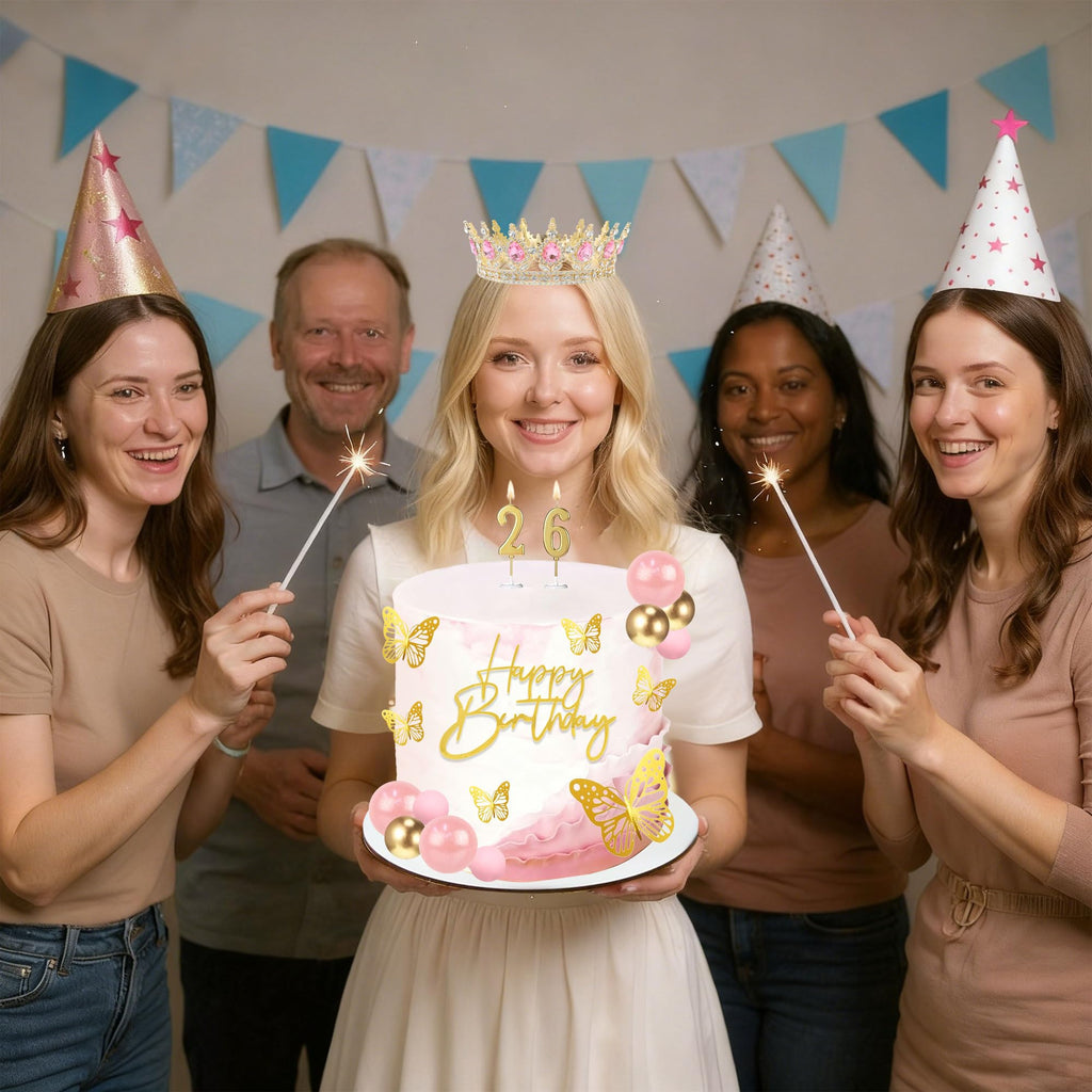 SUTROMA Crown Cake Topper Set – Golden Pink Tiara, Candles & Butterfly Decorations for Birthday or Wedding