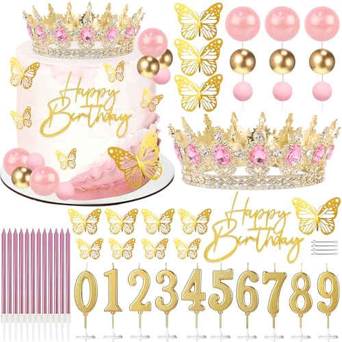 SUTROMA Crown Cake Topper Set – Golden Pink Tiara, Candles & Butterfly Decorations for Birthday or Wedding