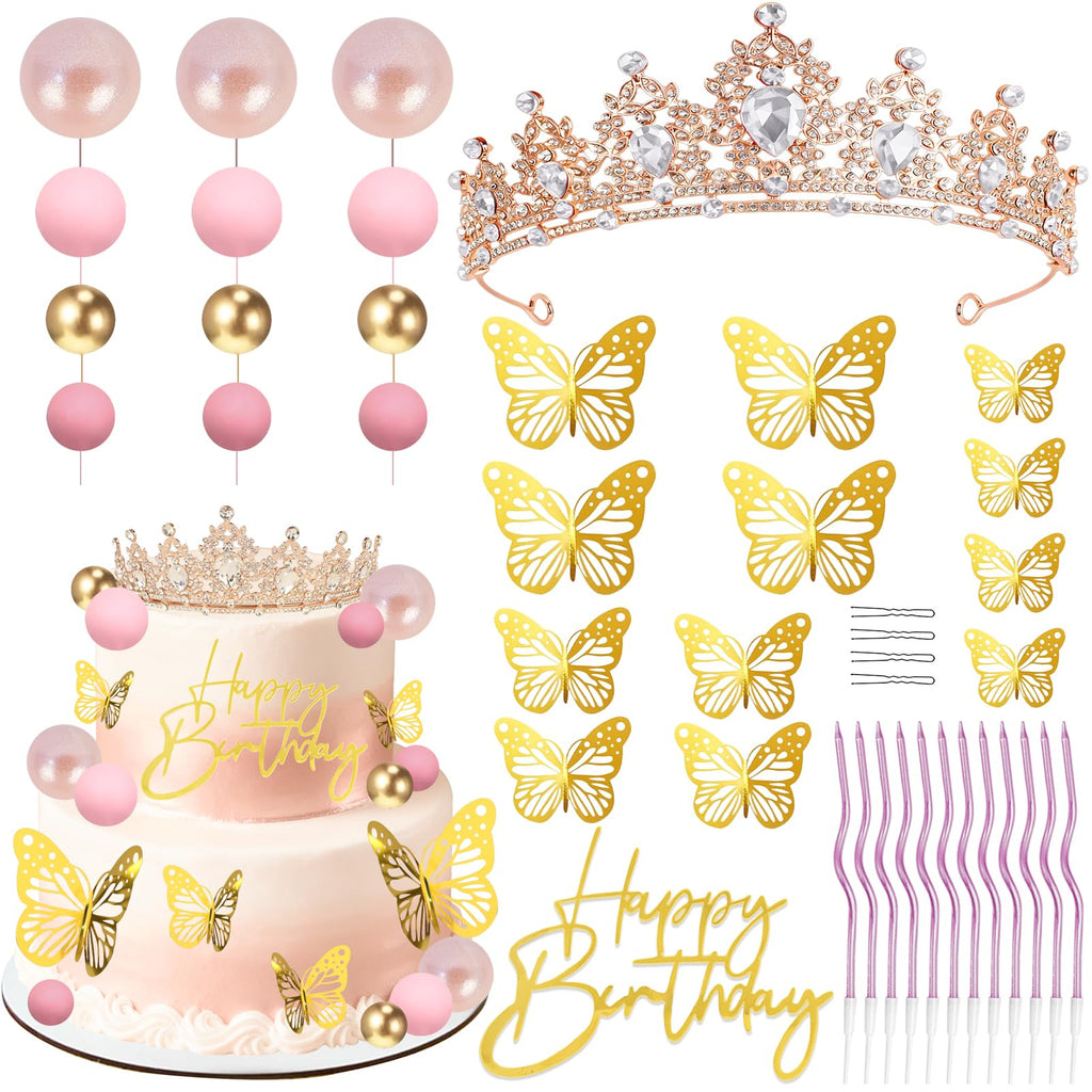 SUTROMA Princess Crown Cake Topper and Tiara Set - Includes 12 Gold Butterflies, Glitter Balls, Candles, and Happy Birthday Topper for Birthday or Wedding Cake Decor (Rose Gold White)