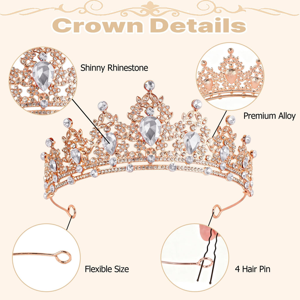 SUTROMA Princess Crown Cake Topper and Tiara Set - Includes 12 Gold Butterflies, Glitter Balls, Candles, and Happy Birthday Topper for Birthday or Wedding Cake Decor (Rose Gold White)