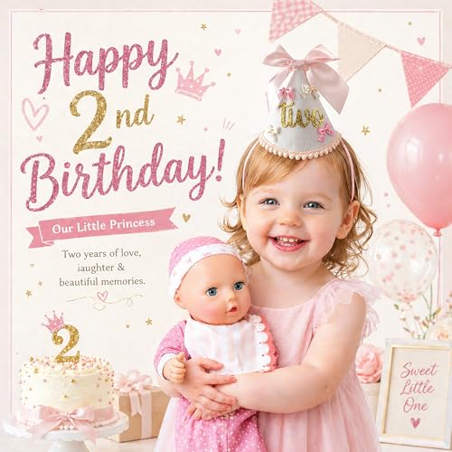 Suvast 2nd Birthday Hat for Baby Girl – Soft Pink Princess Style with Handcrafted Satin Bow & Gold 'Two' Patch