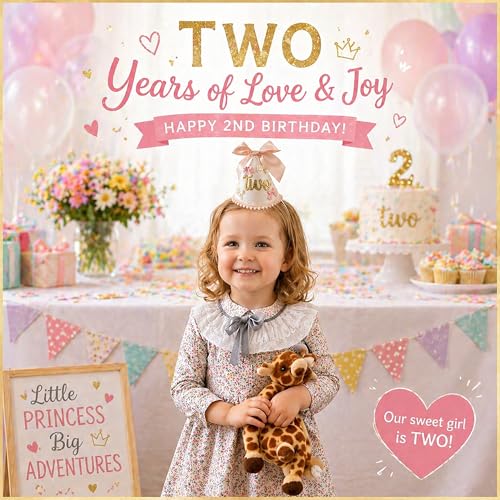 Suvast 2nd Birthday Hat for Baby Girl – Soft Pink Princess Style with Handcrafted Satin Bow & Gold 'Two' Patch