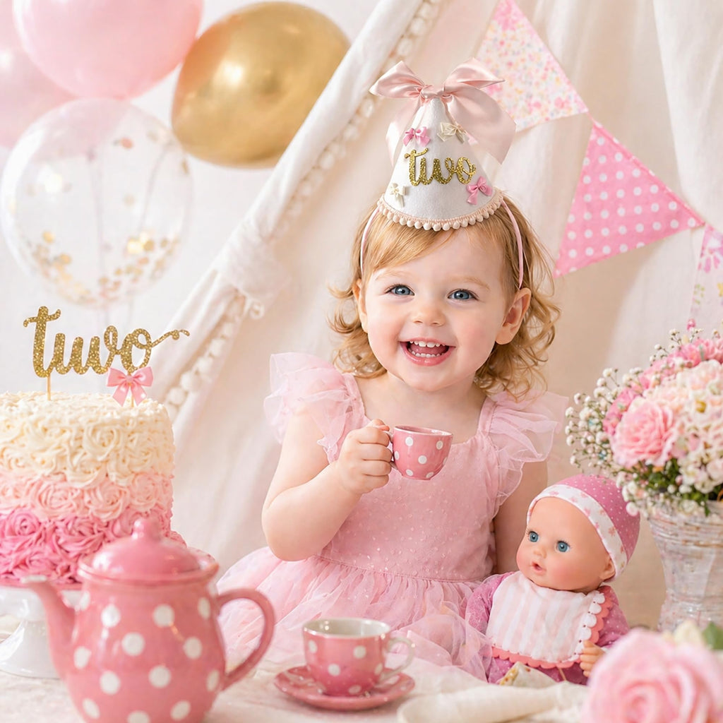Suvast 2nd Birthday Hat for Baby Girl – Soft Pink Princess Style with Handcrafted Satin Bow & Gold 'Two' Patch