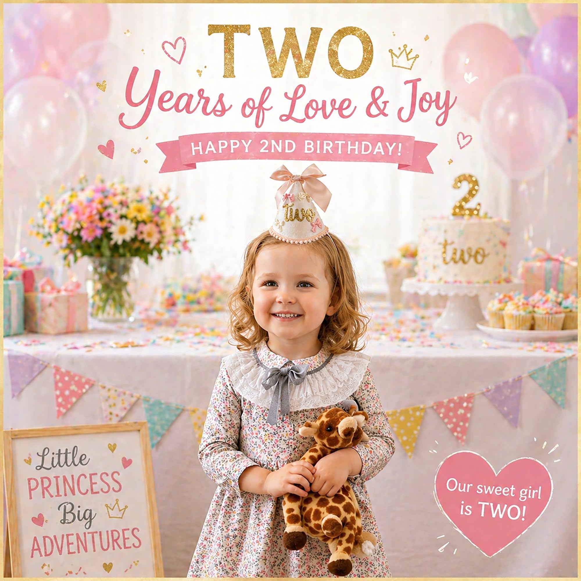 Suvast 2nd Birthday Hat for Baby Girl – Soft Pink Princess Style with Handcrafted Satin Bow & Gold 'Two' Patch