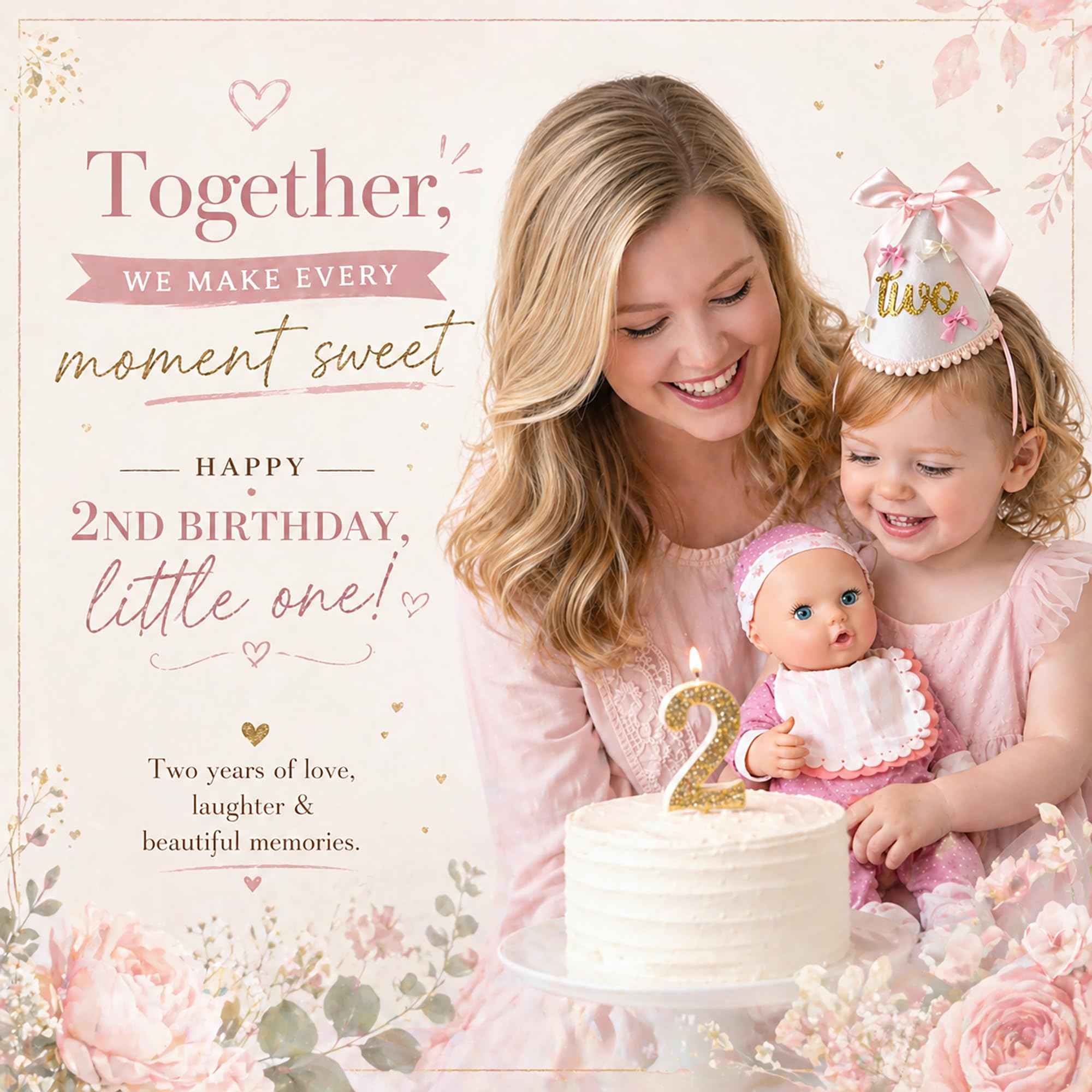 Suvast 2nd Birthday Hat for Baby Girl – Soft Pink Princess Style with Handcrafted Satin Bow & Gold 'Two' Patch
