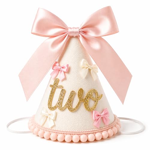 Suvast 2nd Birthday Hat for Baby Girl – Soft Pink Princess Style with Handcrafted Satin Bow & Gold 'Two' Patch