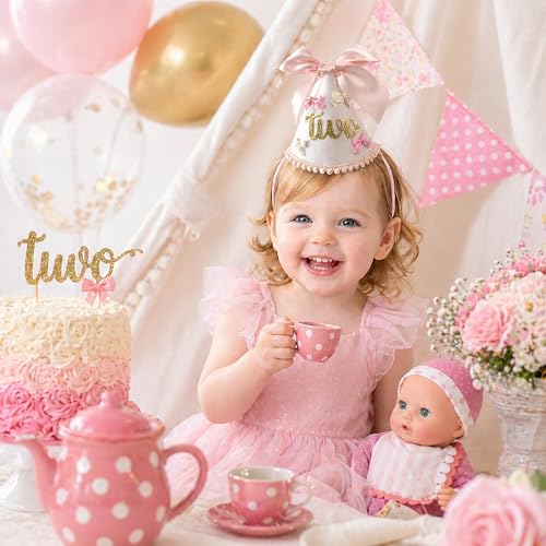 Suvast 2nd Birthday Hat for Baby Girl – Soft Pink Princess Style with Handcrafted Satin Bow & Gold 'Two' Patch