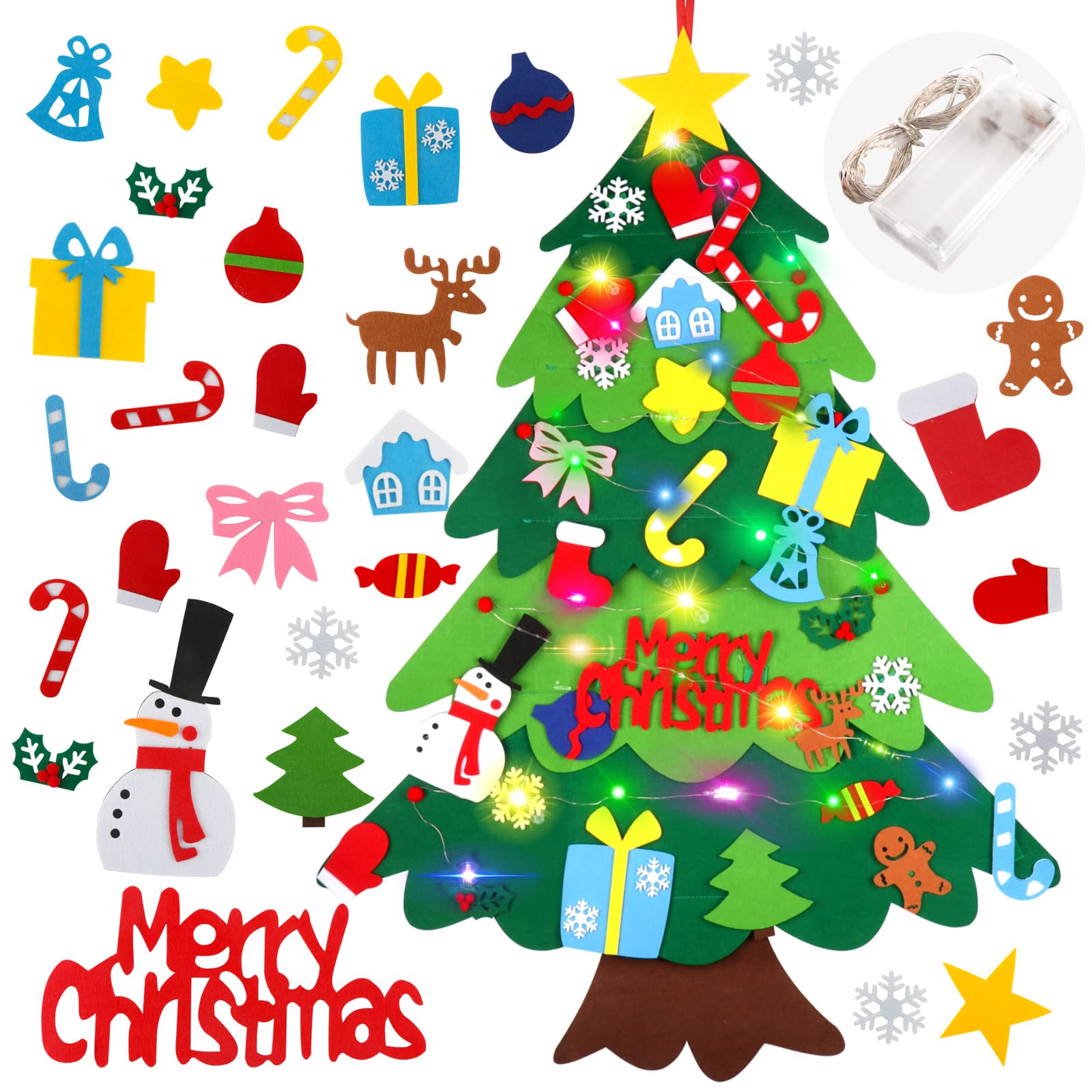 Suweor Upo Felt Christmas Tree Set for Toddlers with LED Lights, 3.2ft Wall Hanging DIY Kit with 29 Ornaments
