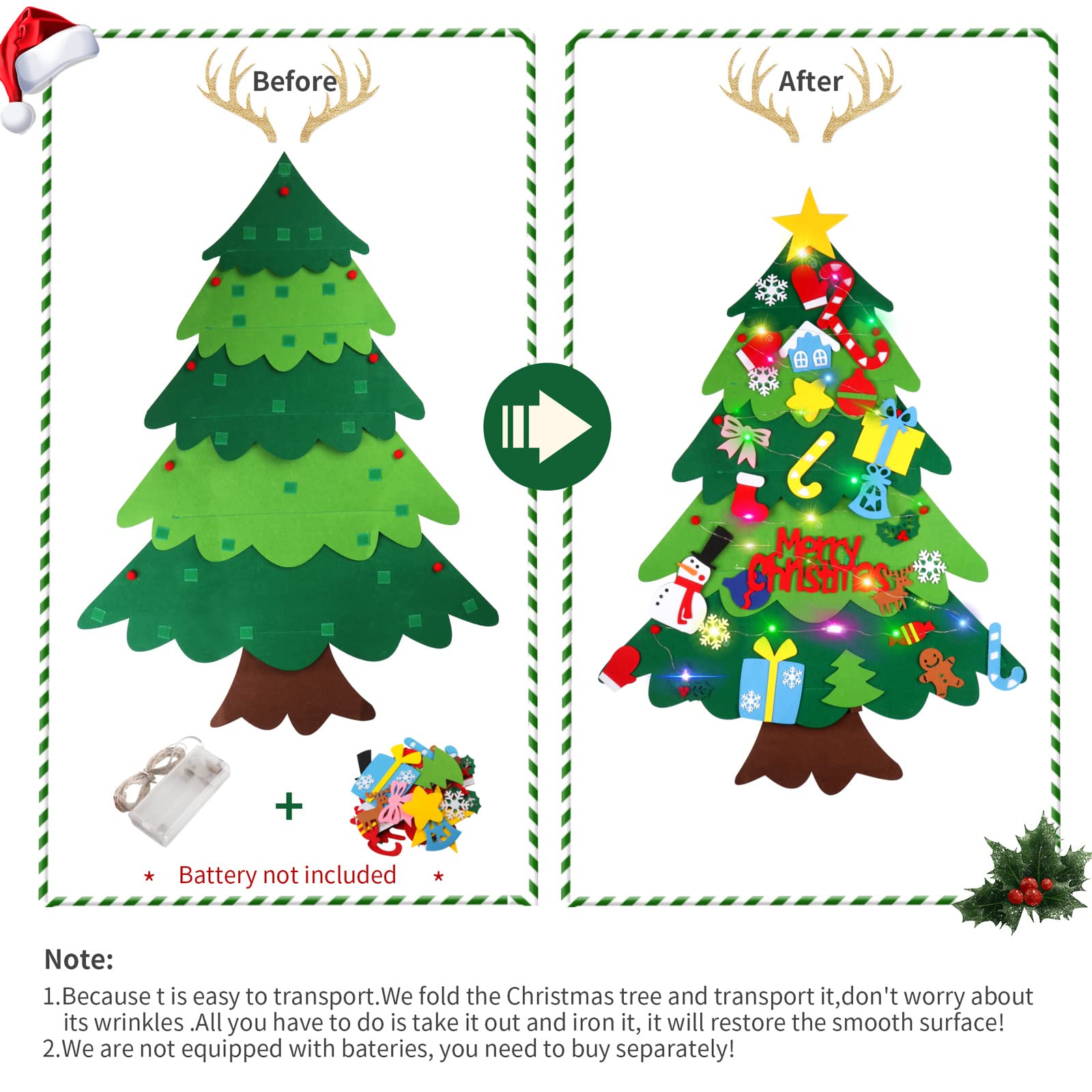 Suweor Upo Felt Christmas Tree Set for Toddlers with LED Lights, 3.2ft Wall Hanging DIY Kit with 29 Ornaments