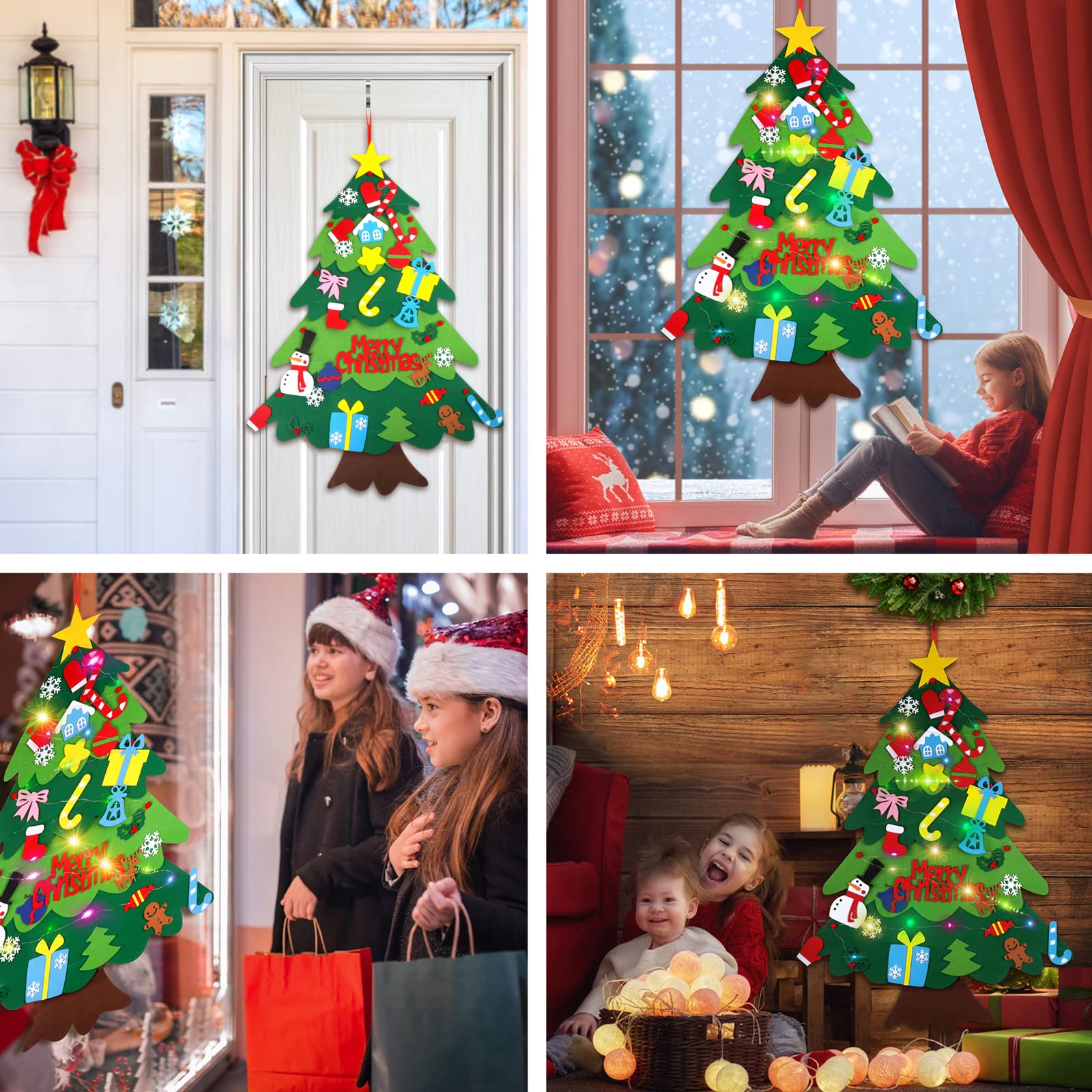 Suweor Upo Felt Christmas Tree Set for Toddlers with LED Lights, 3.2ft Wall Hanging DIY Kit with 29 Ornaments