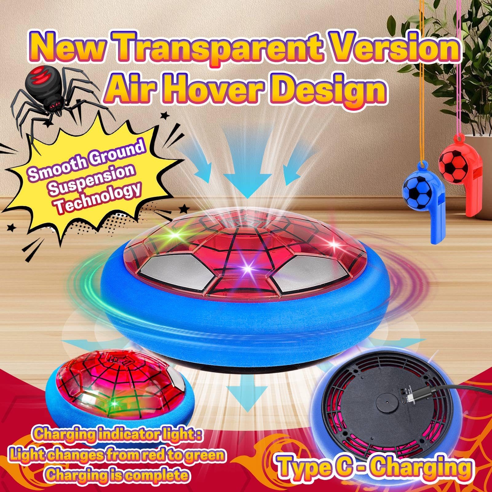 SUYUKI Spider Hover Soccer Ball - Rechargeable LED Air Football for Kids Ages 3-10