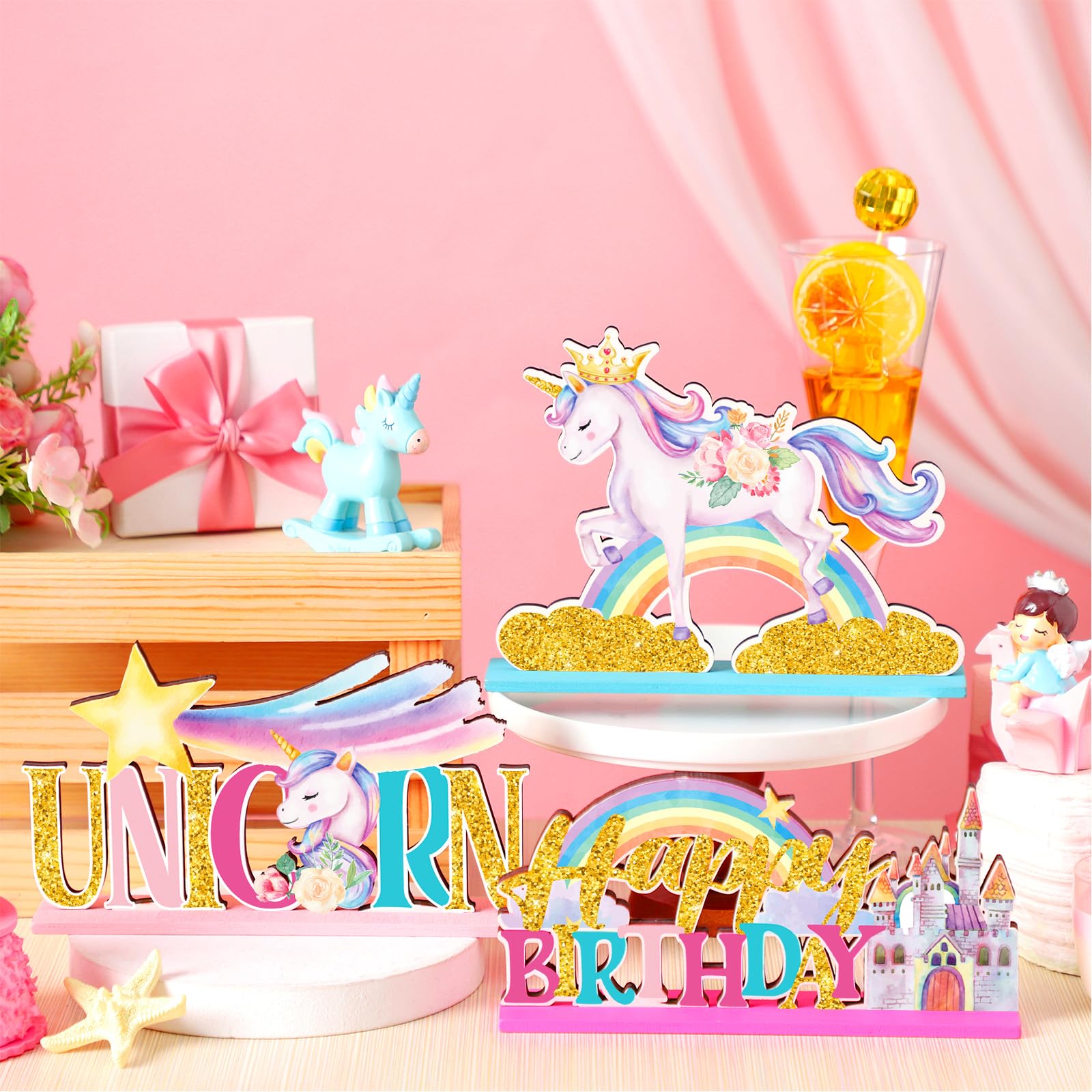 Suzile 6-Piece Unicorn Birthday Wooden Table Decorations - Pink Rainbow Party Photo Props for Girls