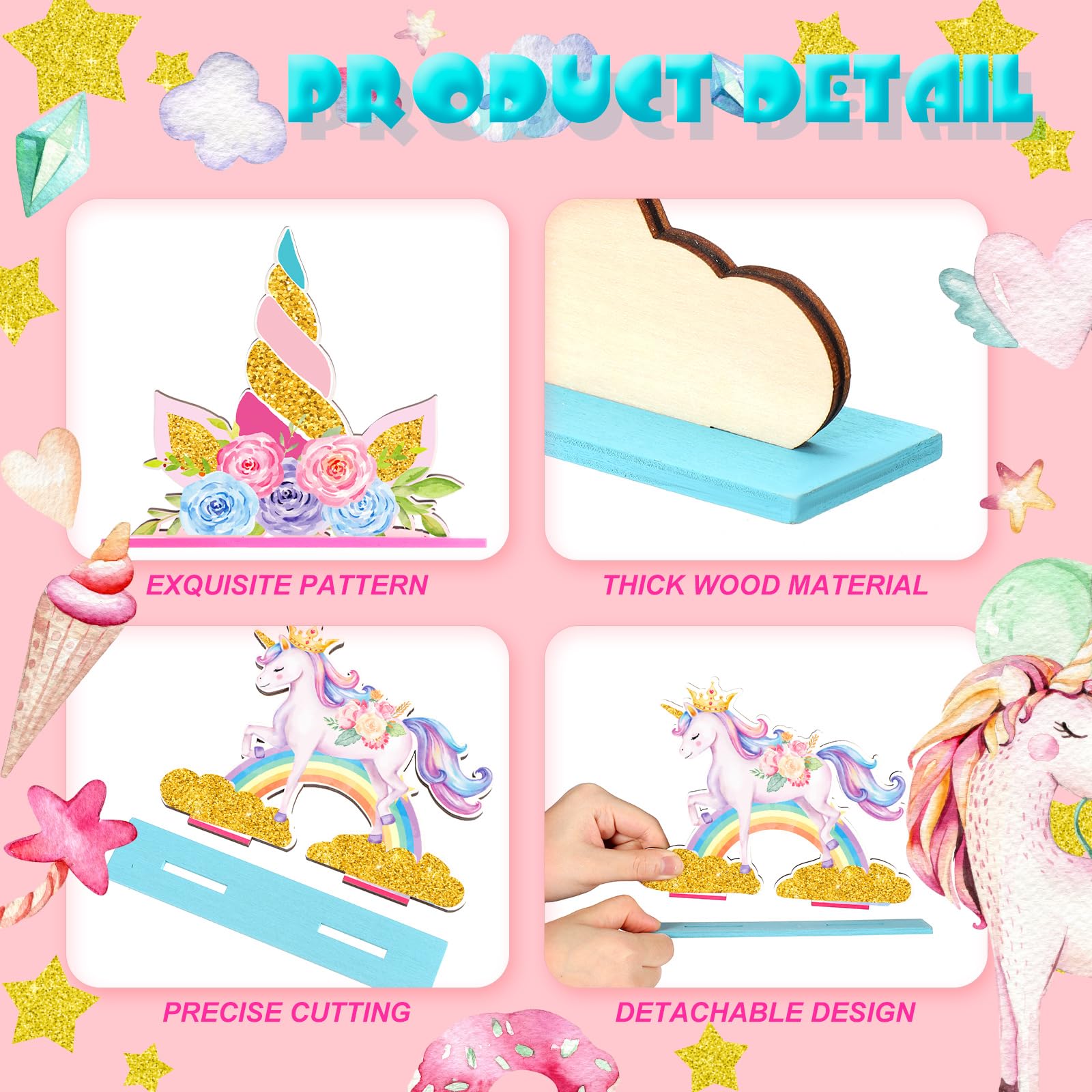 Suzile 6-Piece Unicorn Birthday Wooden Table Decorations - Pink Rainbow Party Photo Props for Girls