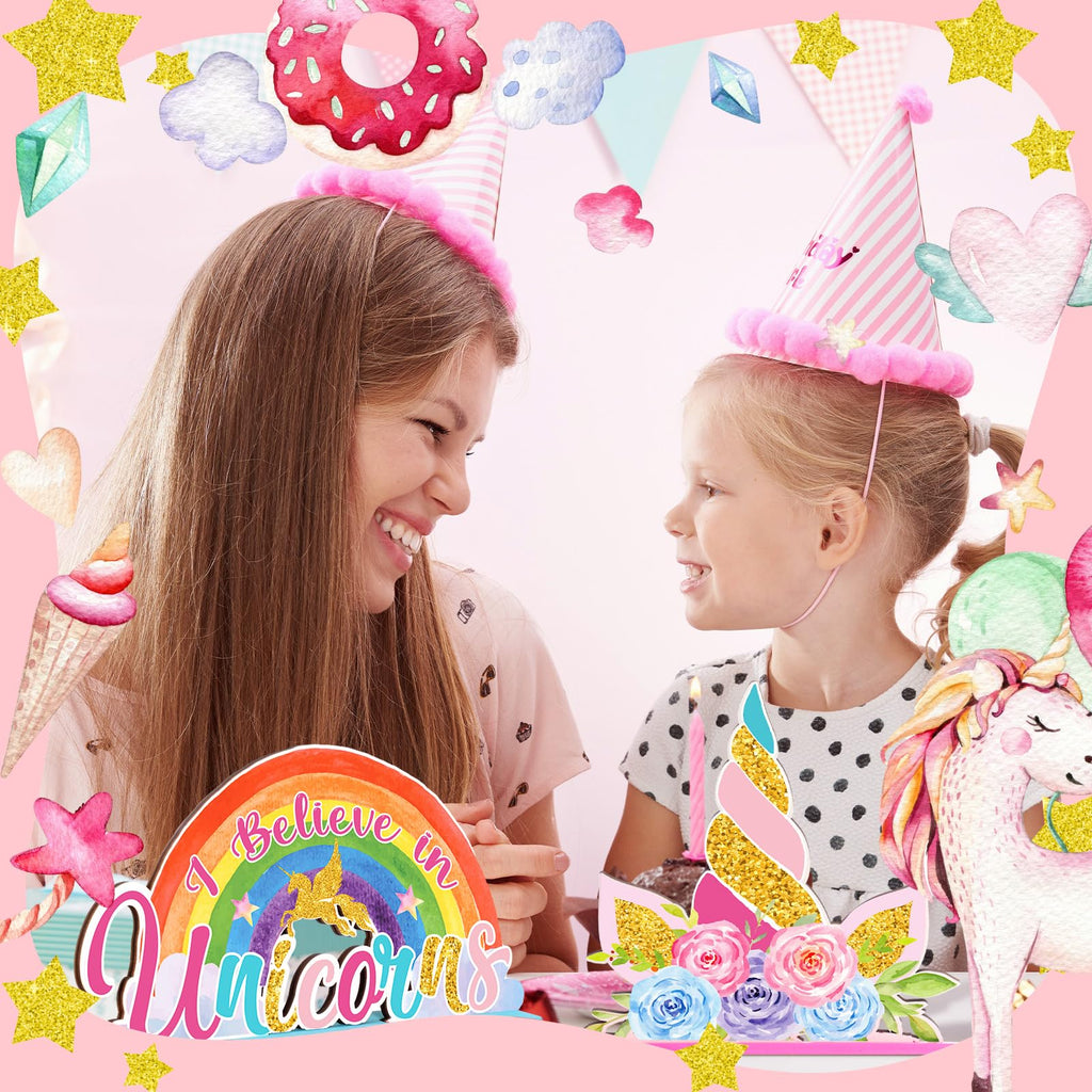 Suzile 6-Piece Unicorn Birthday Wooden Table Decorations - Pink Rainbow Party Photo Props for Girls