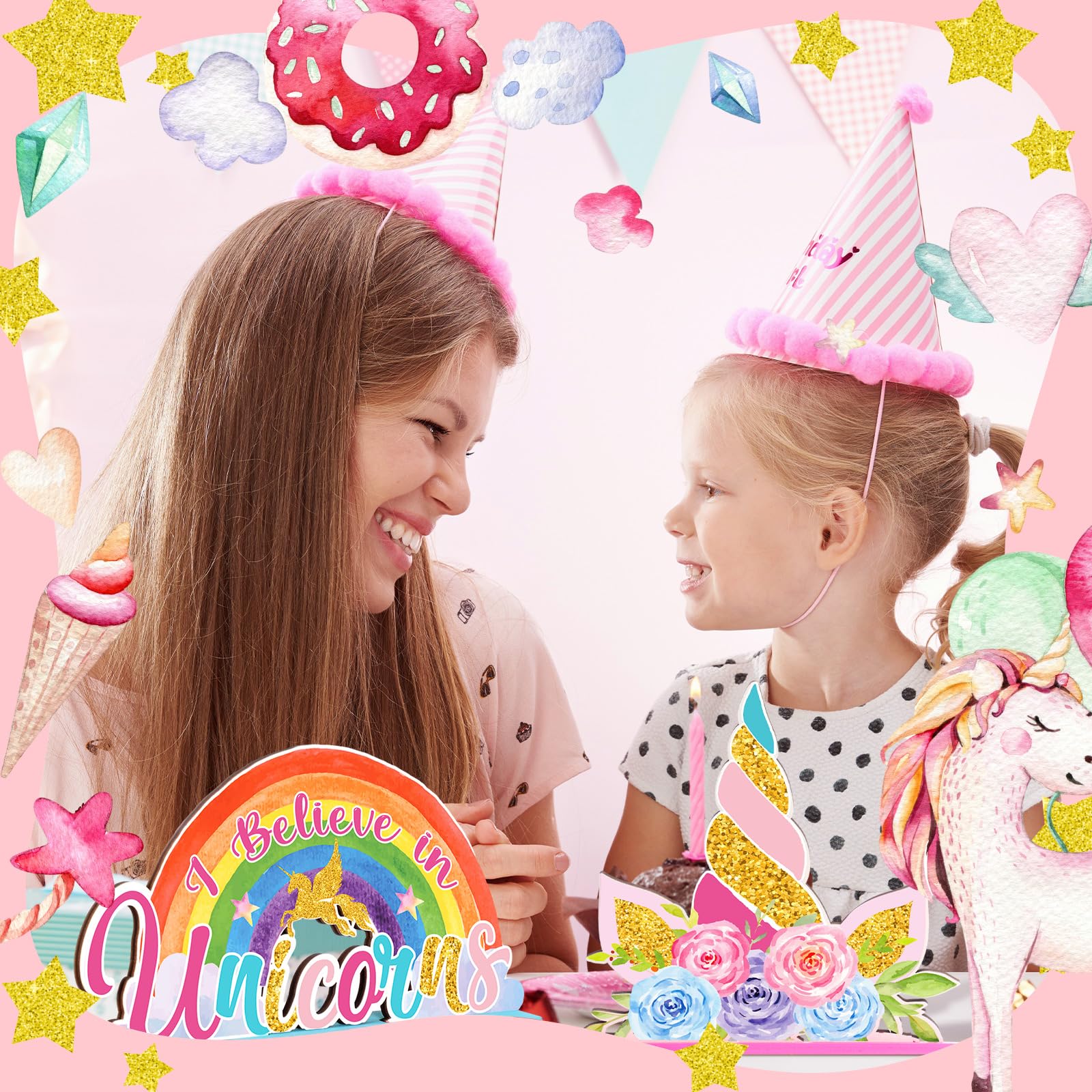 Suzile 6-Piece Unicorn Birthday Wooden Table Decorations - Pink Rainbow Party Photo Props for Girls