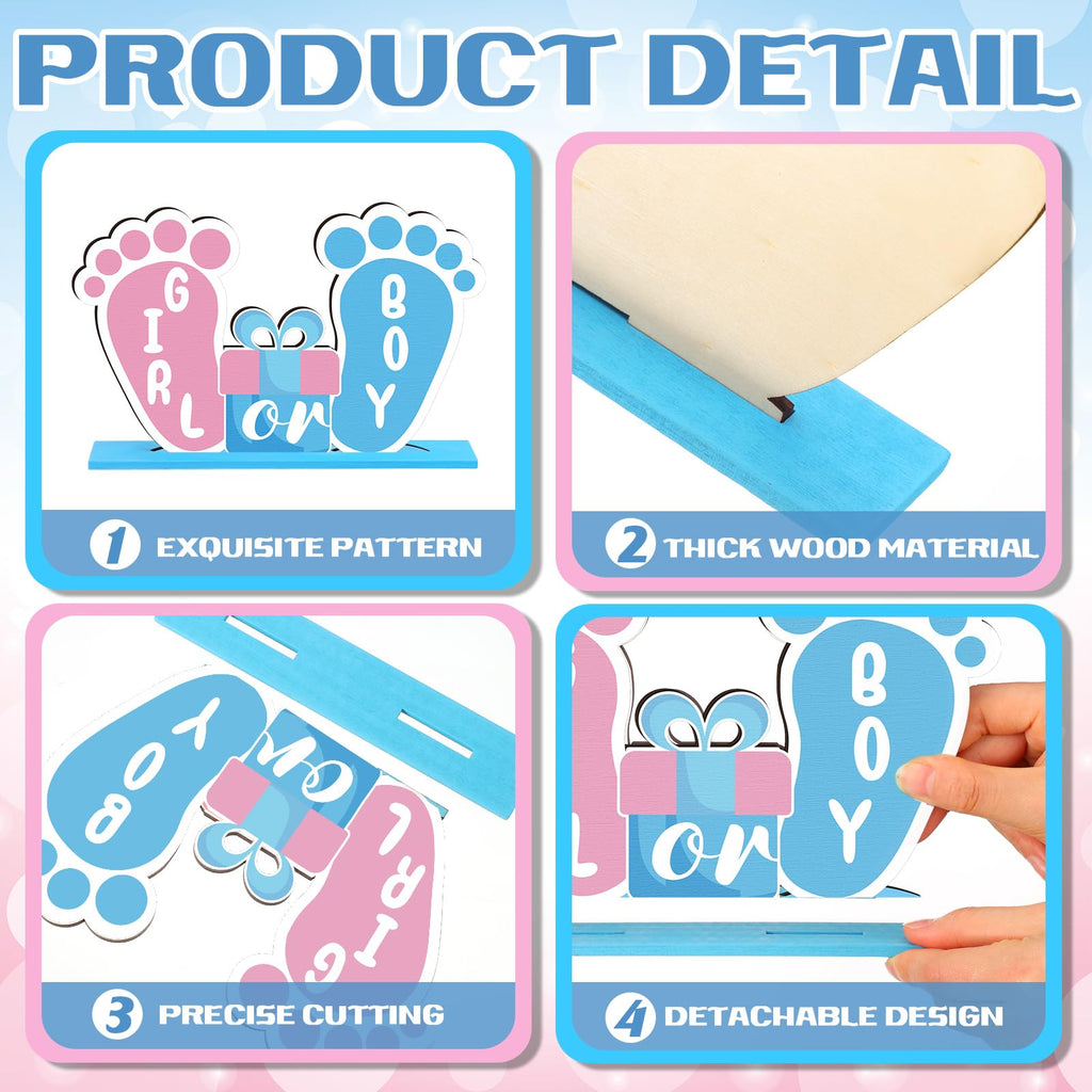 Suzile 6-Piece Wooden Baby Shower Centerpieces – Gender Reveal Table Decor in Blue & Pink for Unisex Parties