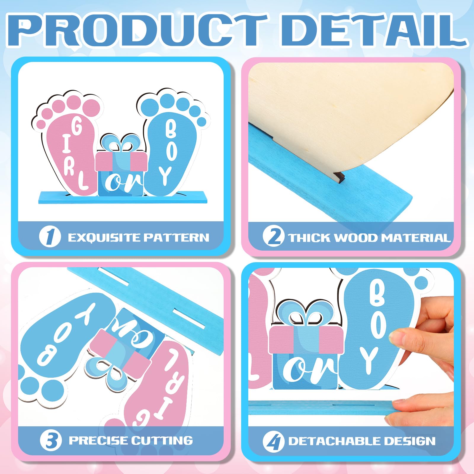 Suzile 6-Piece Wooden Baby Shower Centerpieces – Gender Reveal Table Decor in Blue & Pink for Unisex Parties