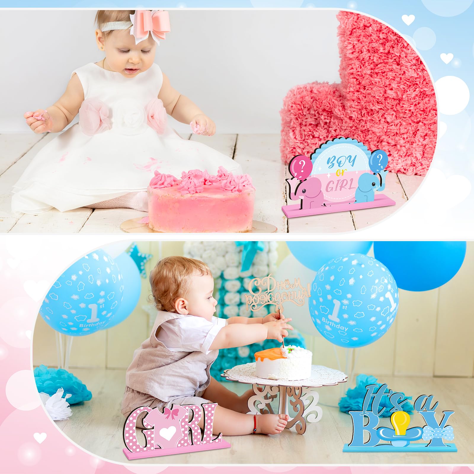 Suzile 6-Piece Wooden Baby Shower Centerpieces – Gender Reveal Table Decor in Blue & Pink for Unisex Parties