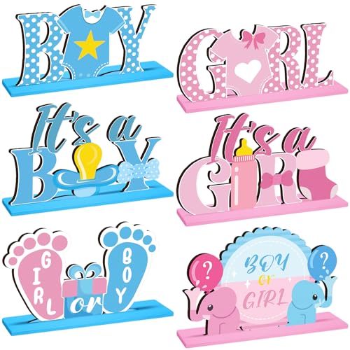 Suzile 6-Piece Wooden Baby Shower Centerpieces – Gender Reveal Table Decor in Blue & Pink for Unisex Parties