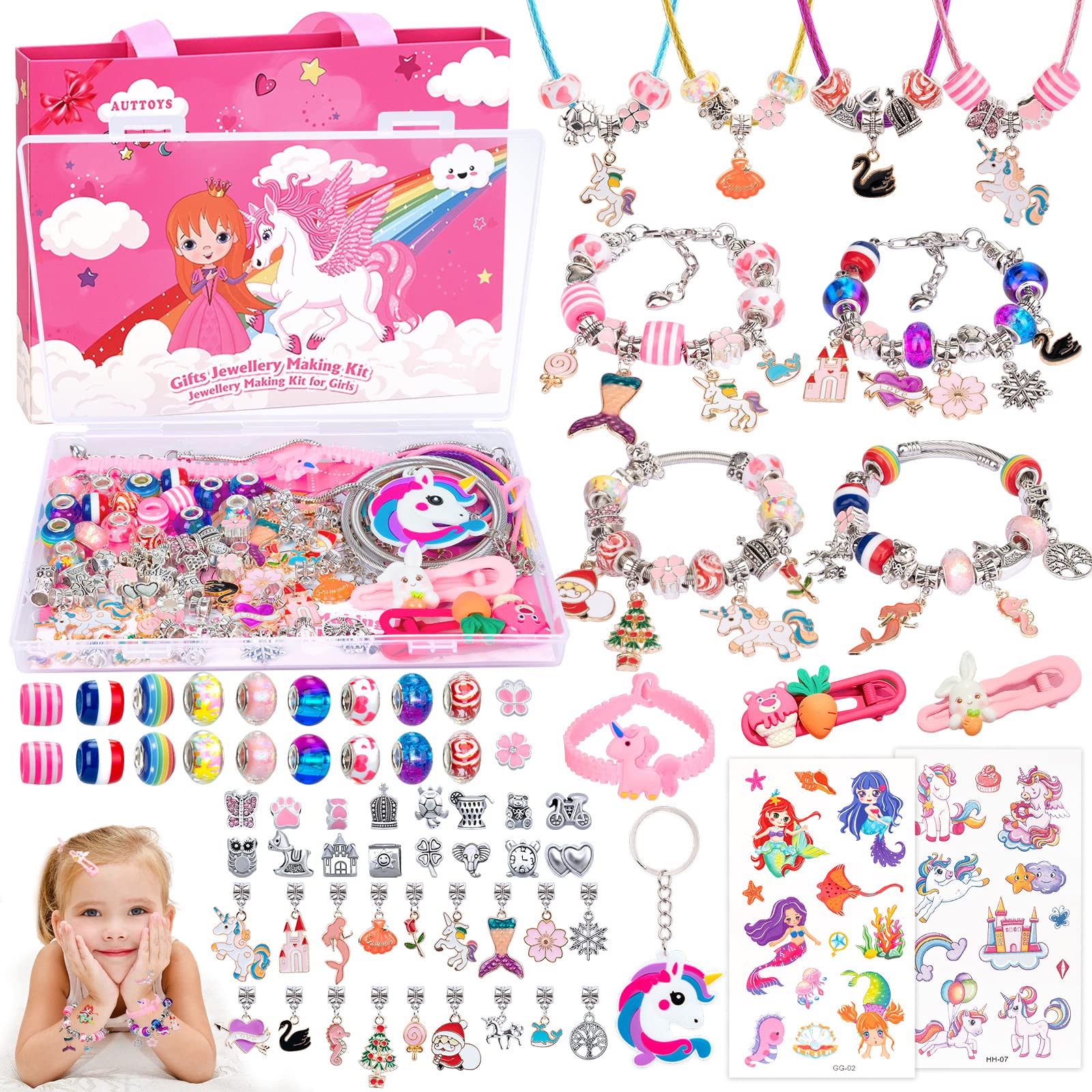 SUZUTOY Bracelet Making Kit for Girls Ages 4-12 - Unicorn Jewelry Craft Set with 18 Beads, 18 Pendants, Adjustable Bracelets, and More