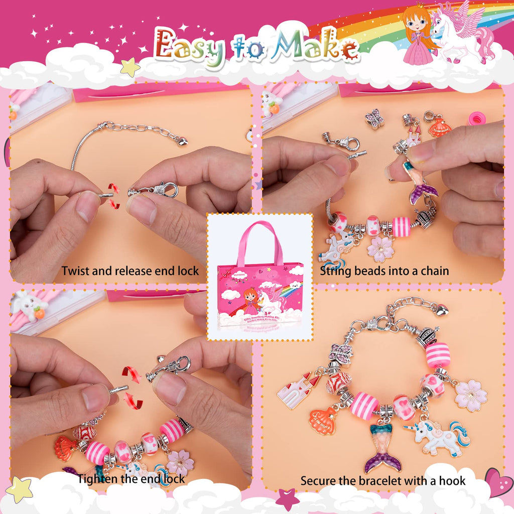 SUZUTOY Bracelet Making Kit for Girls Ages 4-12 - Unicorn Jewelry Craft Set with 18 Beads, 18 Pendants, Adjustable Bracelets, and More