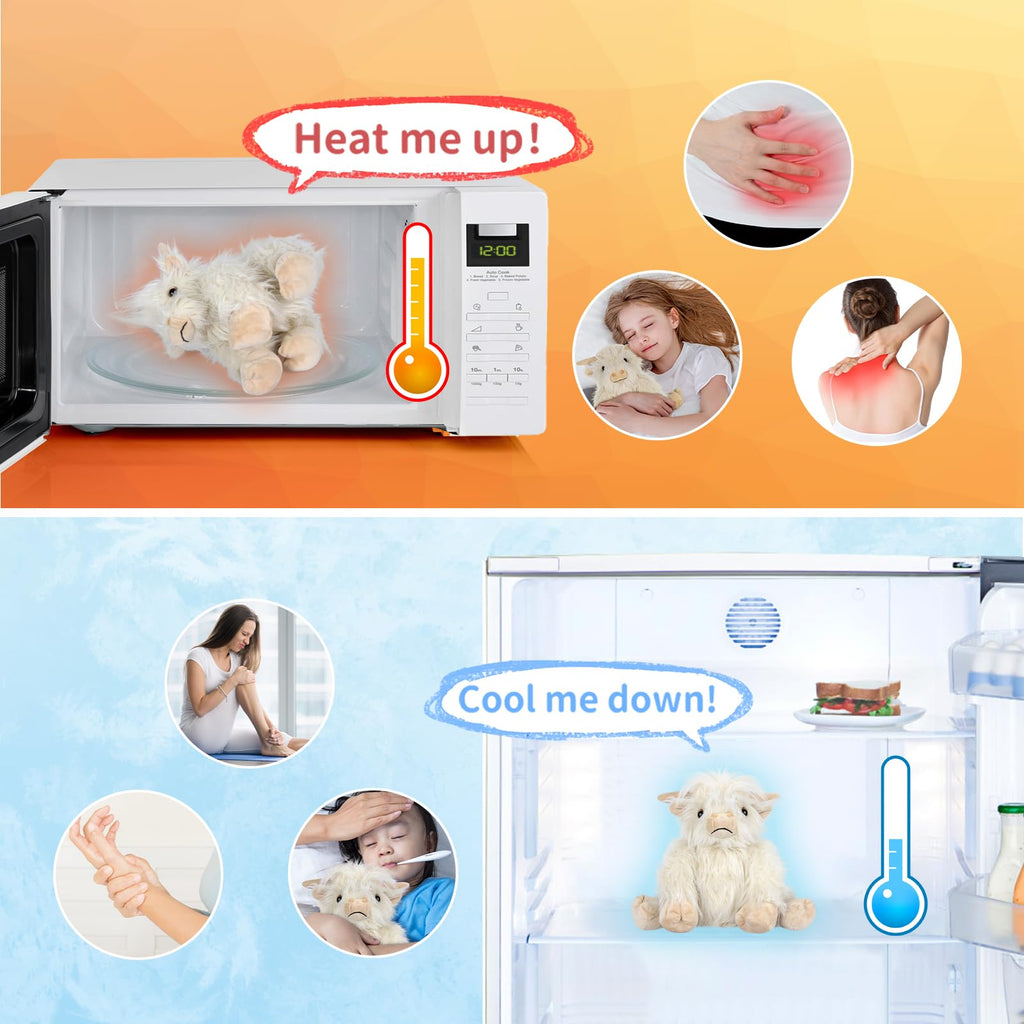 SUZZIPAD White Highland Cow Stuffed Animal – Microwavable Plush Toy for Heat & Cold Therapy