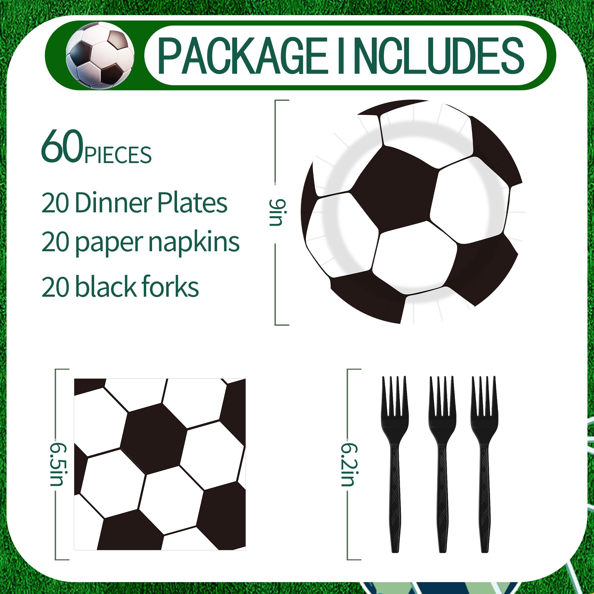 Sveikie 60-Piece Black & White Soccer Party Set – 20 Plates, Napkins & Plastic Forks for 20 Guests