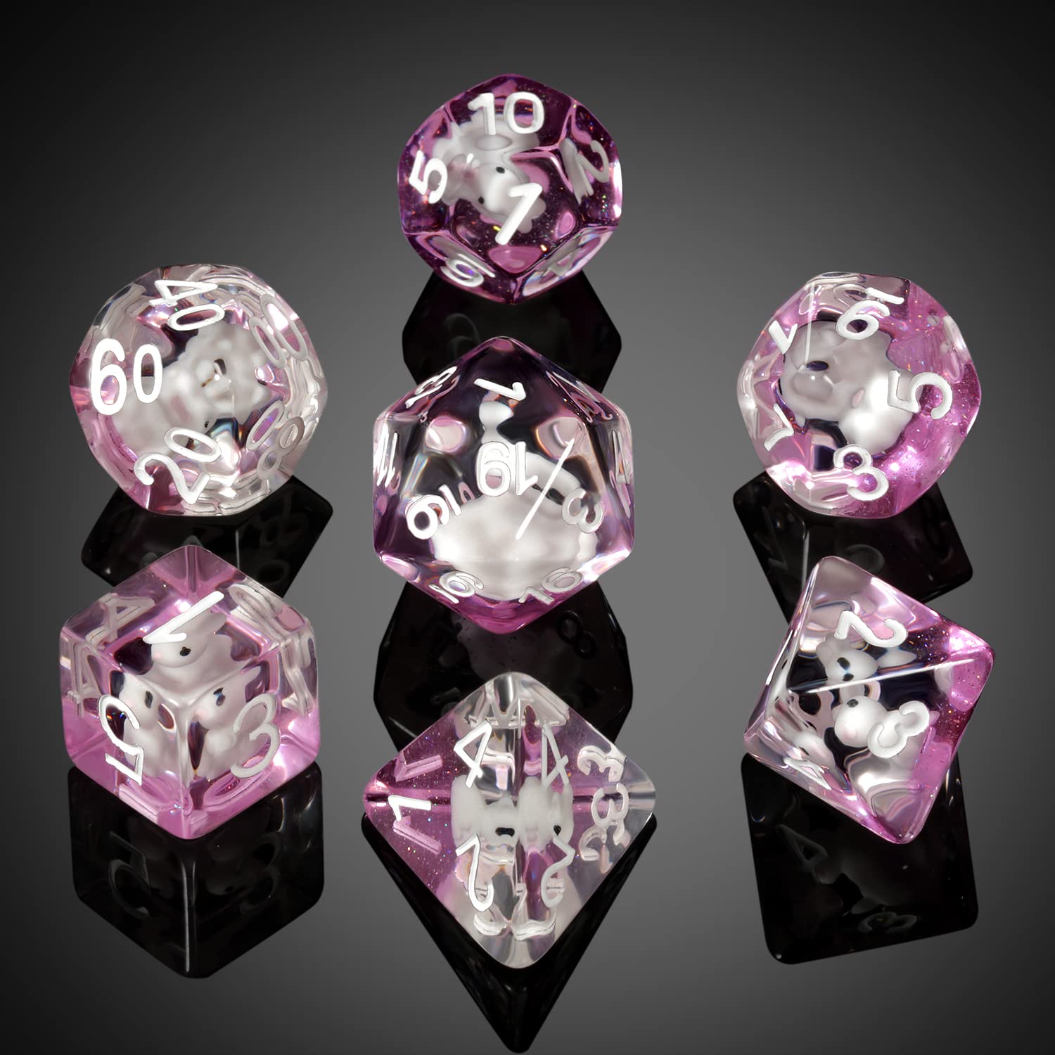 Swan-Themed Resin Dice Set 7-Piece Polyhedral RPG Dice with Velvet Pouch - DNDND
