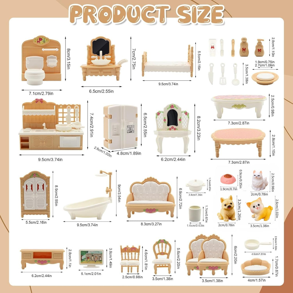 SwankyStyle 36-Piece Dollhouse Furniture Set – 1:12 Scale Miniature for 4 Rooms with Cat & Dog, Beige