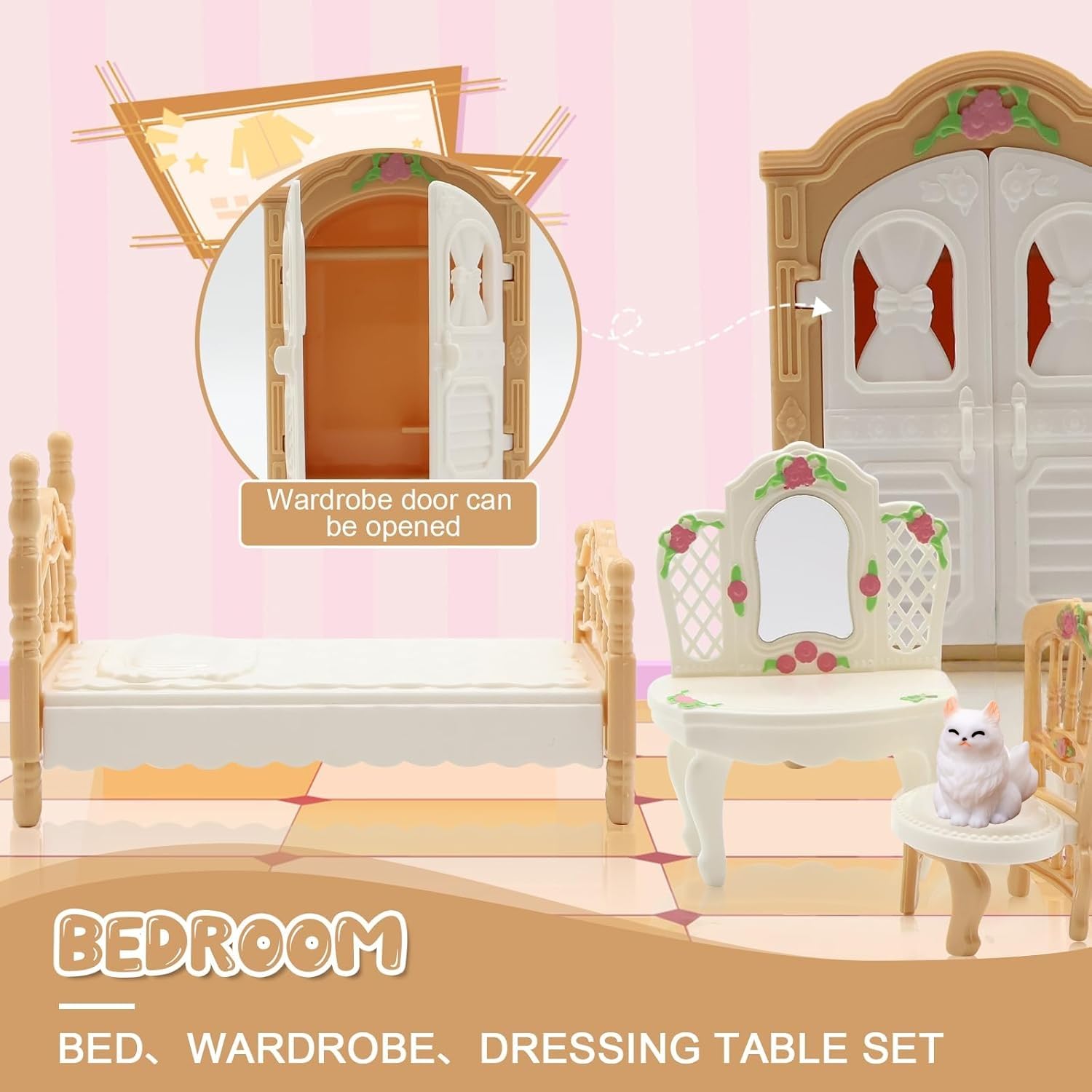 SwankyStyle 36-Piece Dollhouse Furniture Set – 1:12 Scale Miniature for 4 Rooms with Cat & Dog, Beige