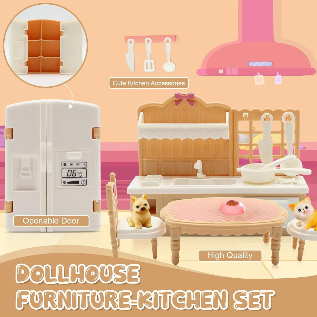 SwankyStyle 36-Piece Dollhouse Furniture Set – 1:12 Scale Miniature for 4 Rooms with Cat & Dog, Beige