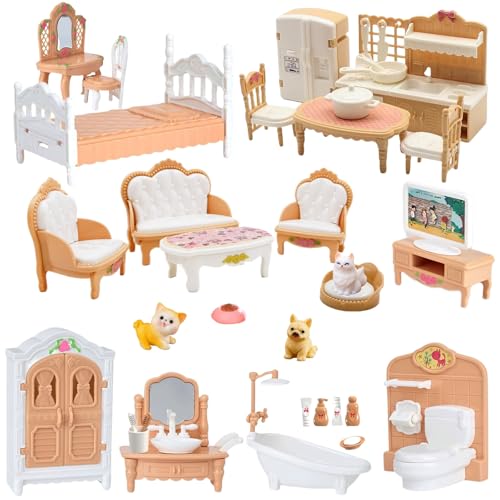 SwankyStyle 36-Piece Dollhouse Furniture Set – 1:12 Scale Miniature for 4 Rooms with Cat & Dog, Beige