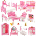 SwankyStyle 36-Piece Pink Dollhouse Furniture Set – 1:12 Scale Miniatures for Kitchen, Bathroom, Living Room, Bedroom