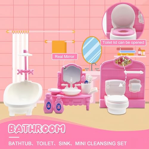 SwankyStyle 36-Piece Pink Dollhouse Furniture Set – 1:12 Scale Miniatures for Kitchen, Bathroom, Living Room, Bedroom