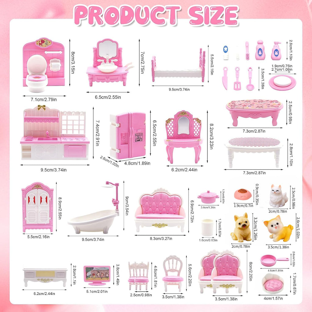 SwankyStyle 36-Piece Pink Dollhouse Furniture Set – 1:12 Scale Miniatures for Kitchen, Bathroom, Living Room, Bedroom