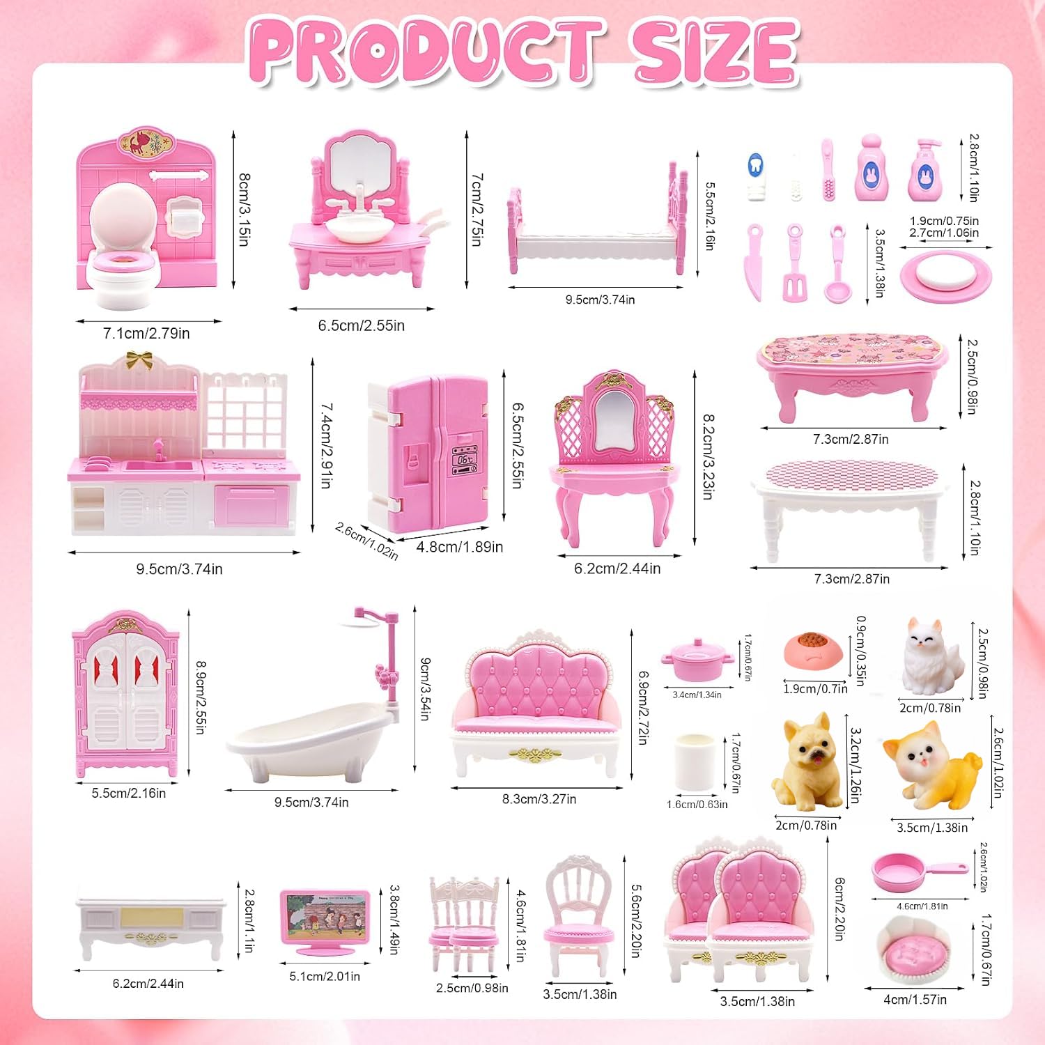 SwankyStyle 36-Piece Pink Dollhouse Furniture Set – 1:12 Scale Miniatures for Kitchen, Bathroom, Living Room, Bedroom