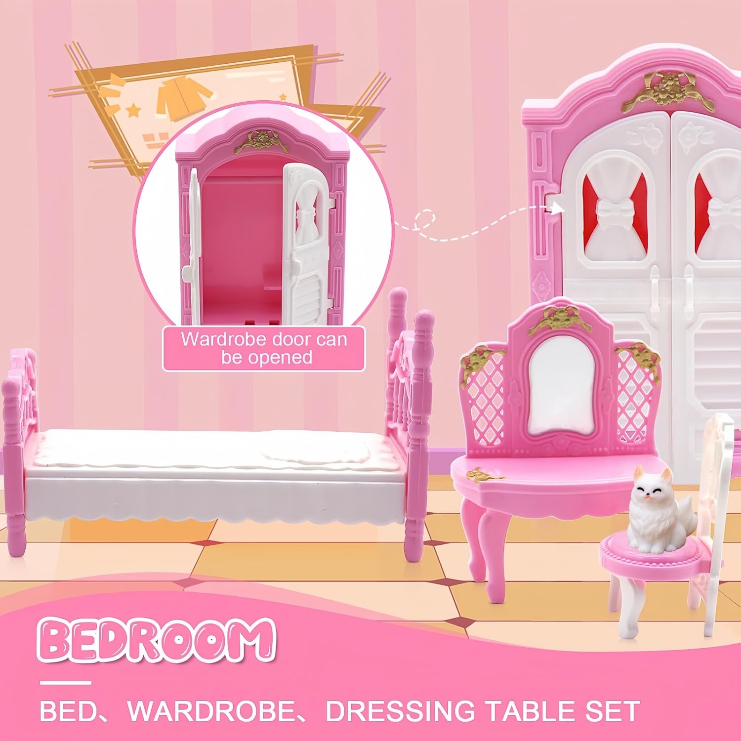SwankyStyle 36-Piece Pink Dollhouse Furniture Set – 1:12 Scale Miniatures for Kitchen, Bathroom, Living Room, Bedroom