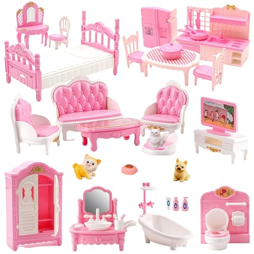 SwankyStyle 36-Piece Pink Dollhouse Furniture Set – 1:12 Scale Miniatures for Kitchen, Bathroom, Living Room, Bedroom