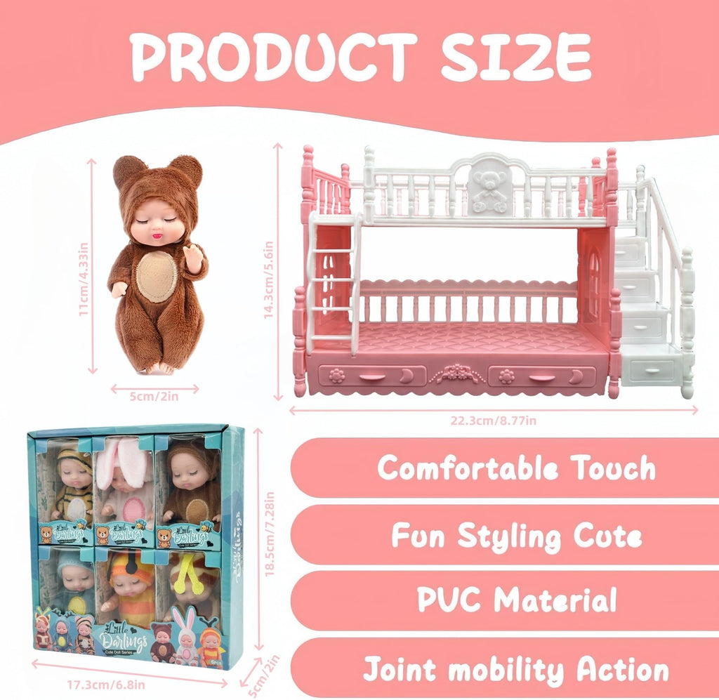 SwankyStyle 6-Piece Mini Baby Dolls Set - 4-Inch Dolls with Animal Clothes, Movable Joints, Gift Box (Style D)