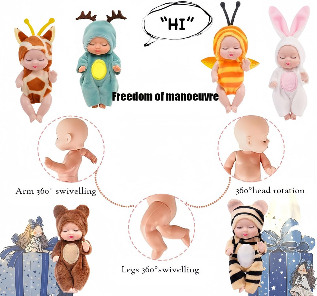 SwankyStyle 6-Piece Mini Baby Dolls Set - 4-Inch Dolls with Animal Clothes, Movable Joints, Gift Box (Style D)