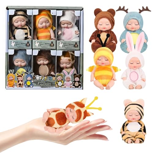 SwankyStyle 6-Piece Mini Baby Dolls Set - 4-Inch Dolls with Animal Clothes, Movable Joints, Gift Box (Style D)