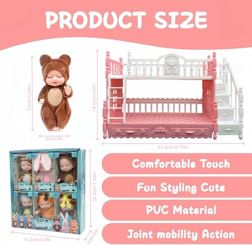 SwankyStyle 6-Piece Mini Baby Dolls Set - 4-Inch Dolls with Animal Clothes, Movable Joints, Gift Box (Style D)