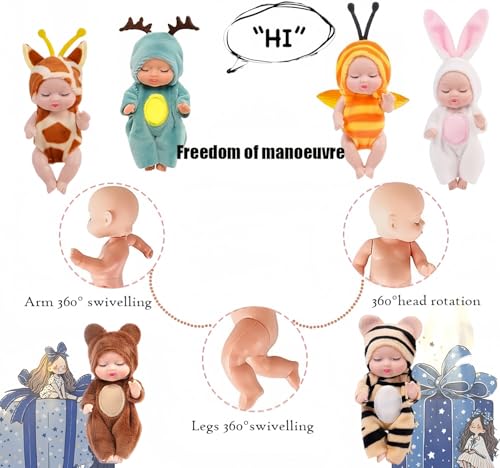 SwankyStyle 6-Piece Mini Baby Dolls Set - 4-Inch Dolls with Animal Clothes, Movable Joints, Gift Box (Style D)