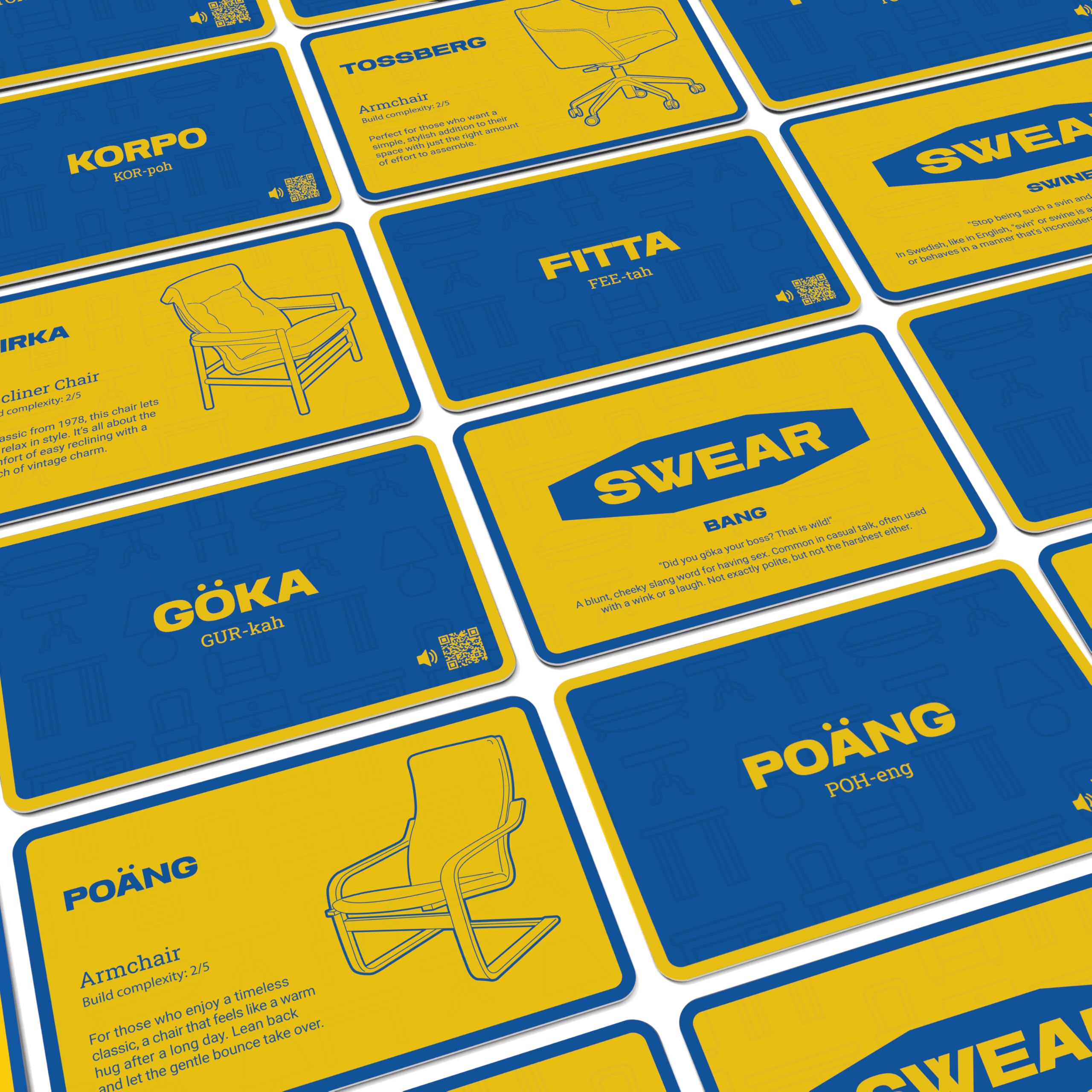 Swear or Chair – Hilarious Adult Party Game – Guess Scandinavian Swear Words vs Furniture Names – 56 Cards – Ages 18+