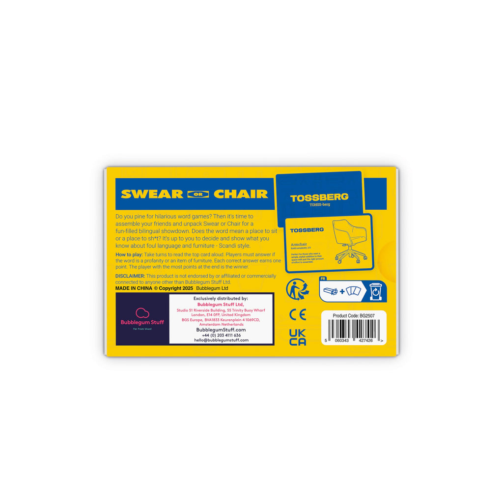 Swear or Chair – Hilarious Adult Party Game – Guess Scandinavian Swear Words vs Furniture Names – 56 Cards – Ages 18+