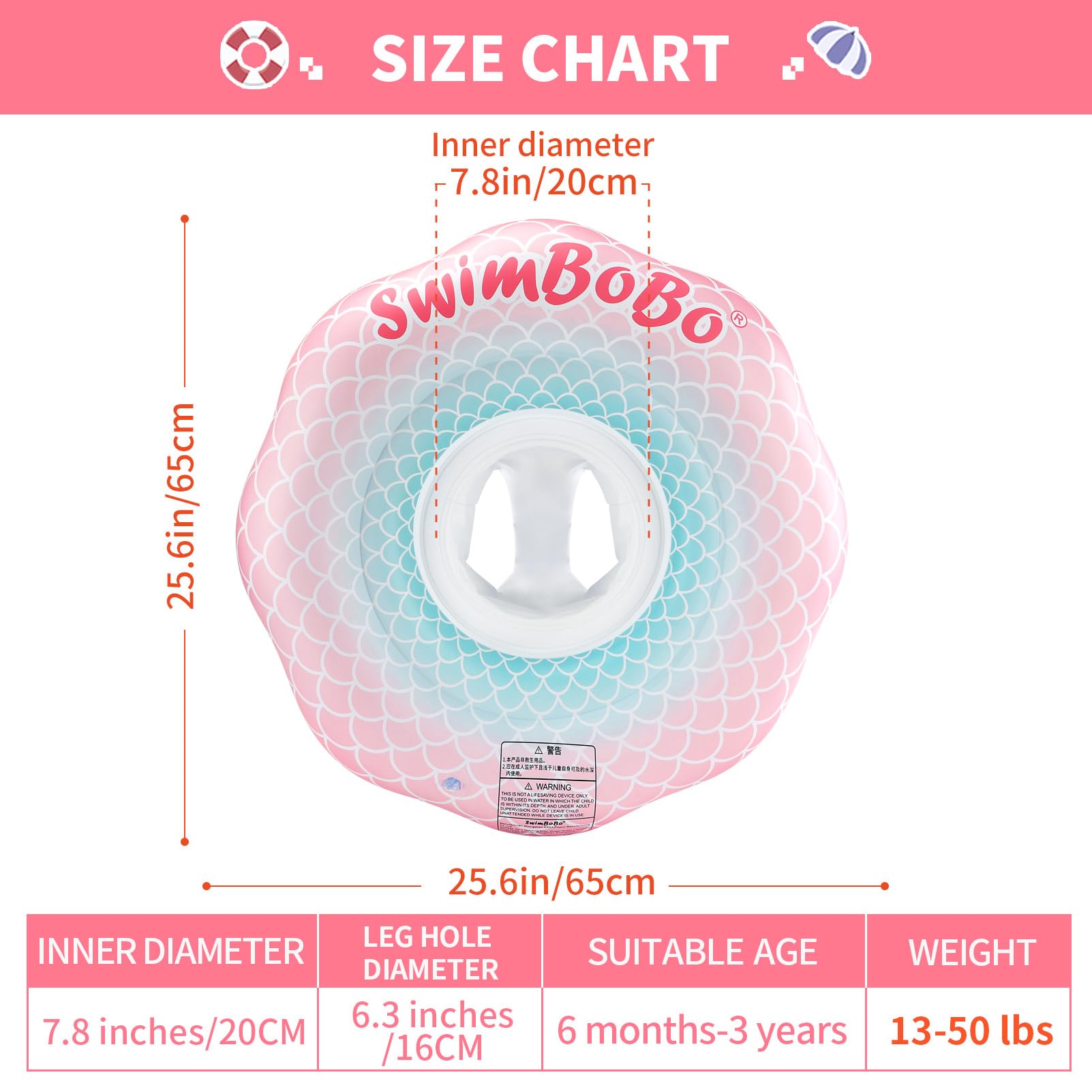 Swimbobo Inflatable Baby Swimming Float – Pink Mermaid for Ages 6–36 Months