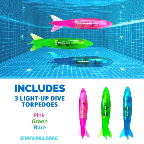 Swimline LED Dive Toys 3-Pack - Glowing Torpedo Light-Up Underwater Retrieval Game for Pool & Bath