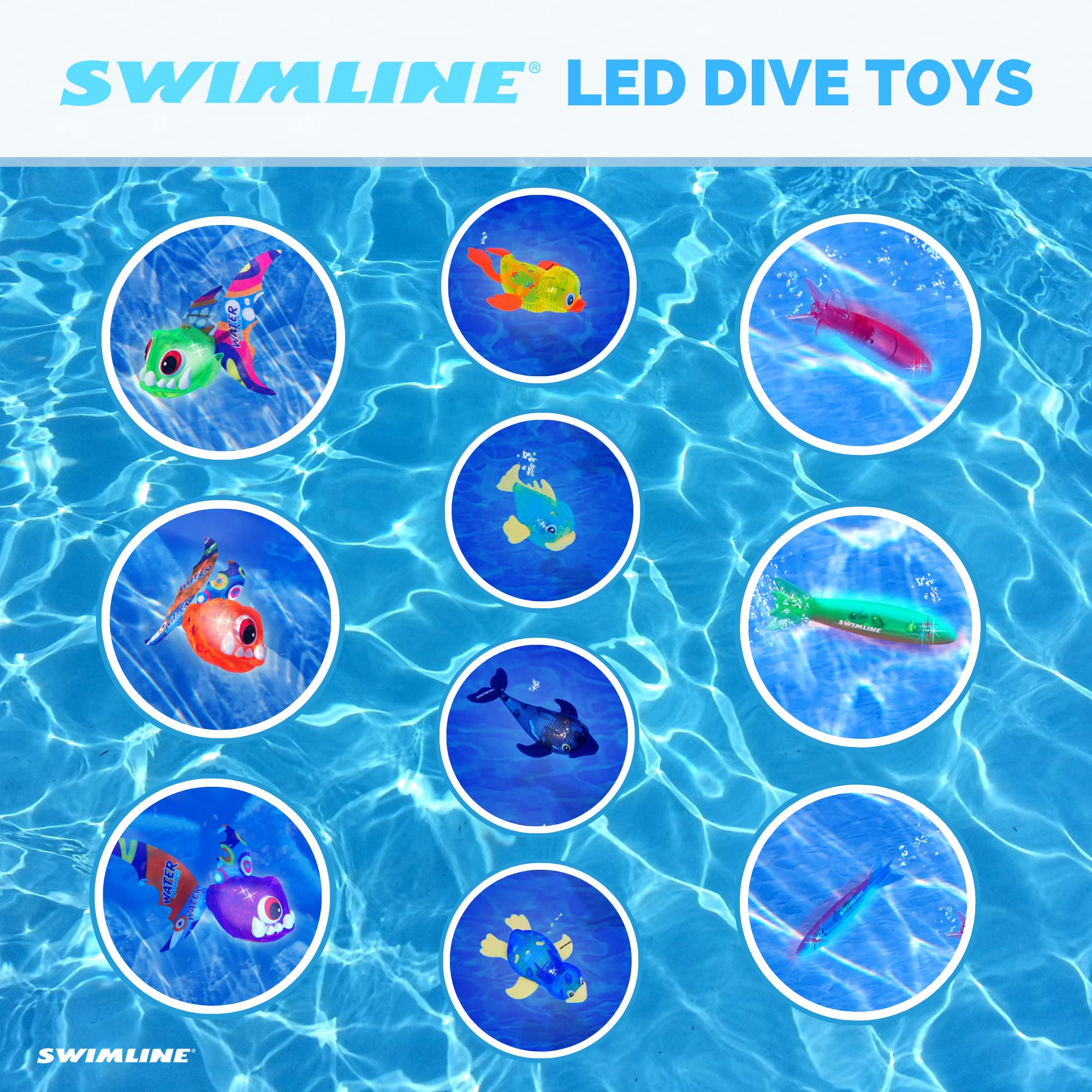 Swimline LED Dive Toys 3-Pack - Glowing Torpedo Light-Up Underwater Retrieval Game for Pool & Bath