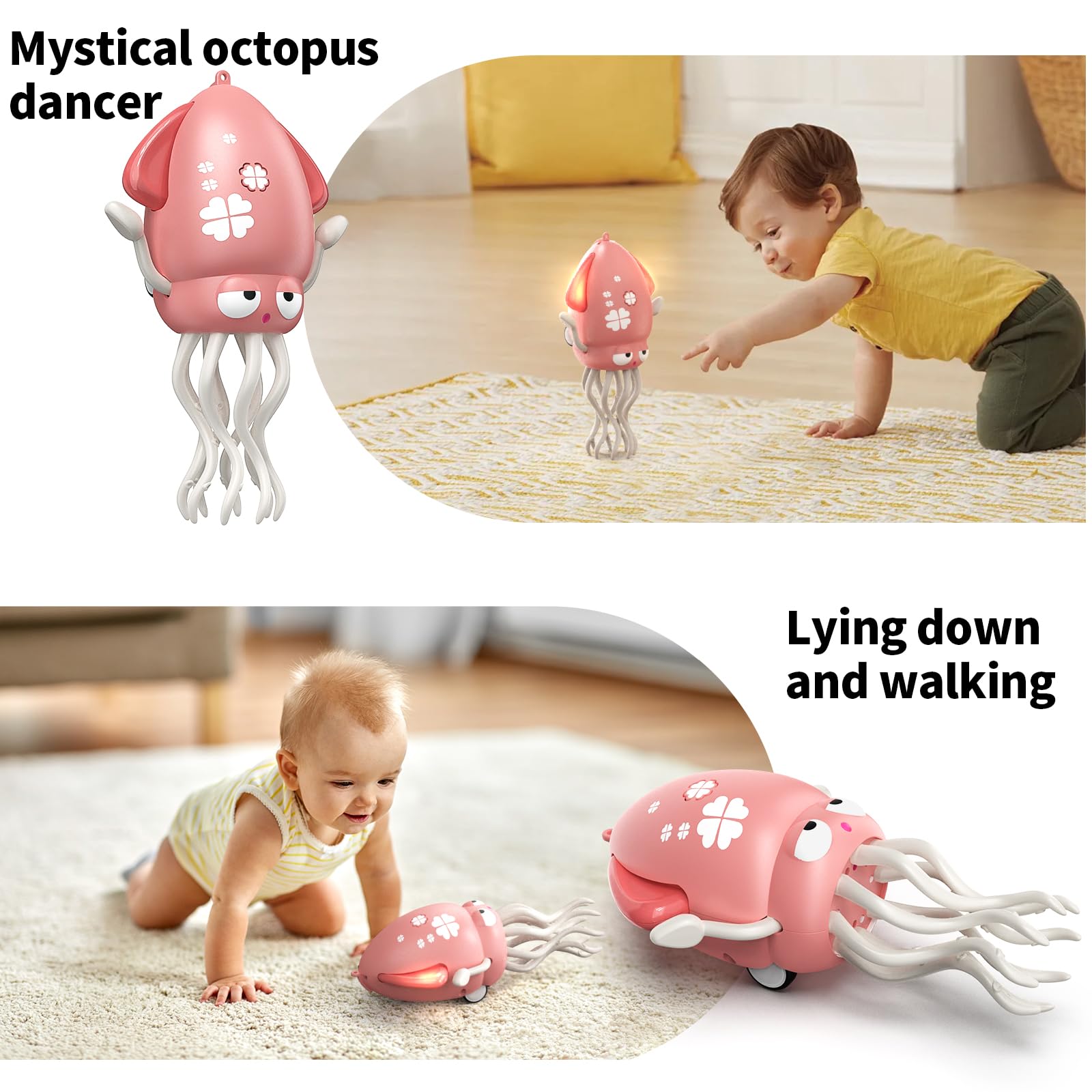 SWTOIPIG Pink Electric Dancing Octopus Toy with Lights, Music & Obstacle Avoidance for Tummy Time